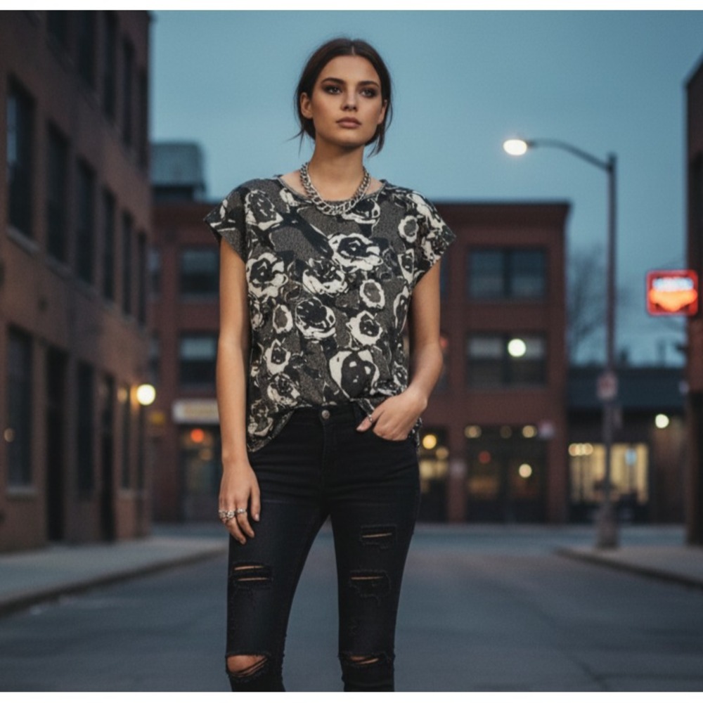Allsaints Abstract Floral Wool Knit Top Womens‎ XS Green Urban Chic Oversized